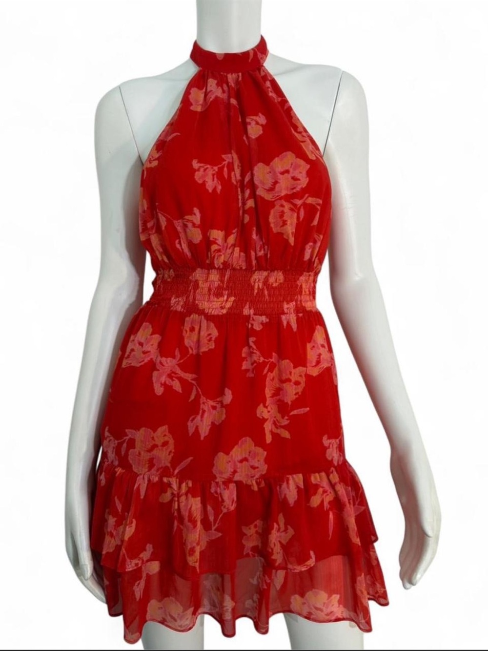 Chelsea 28 Red Floral Halter Mini Dress Chiffon Ruffle Hem Resort Coquette‎